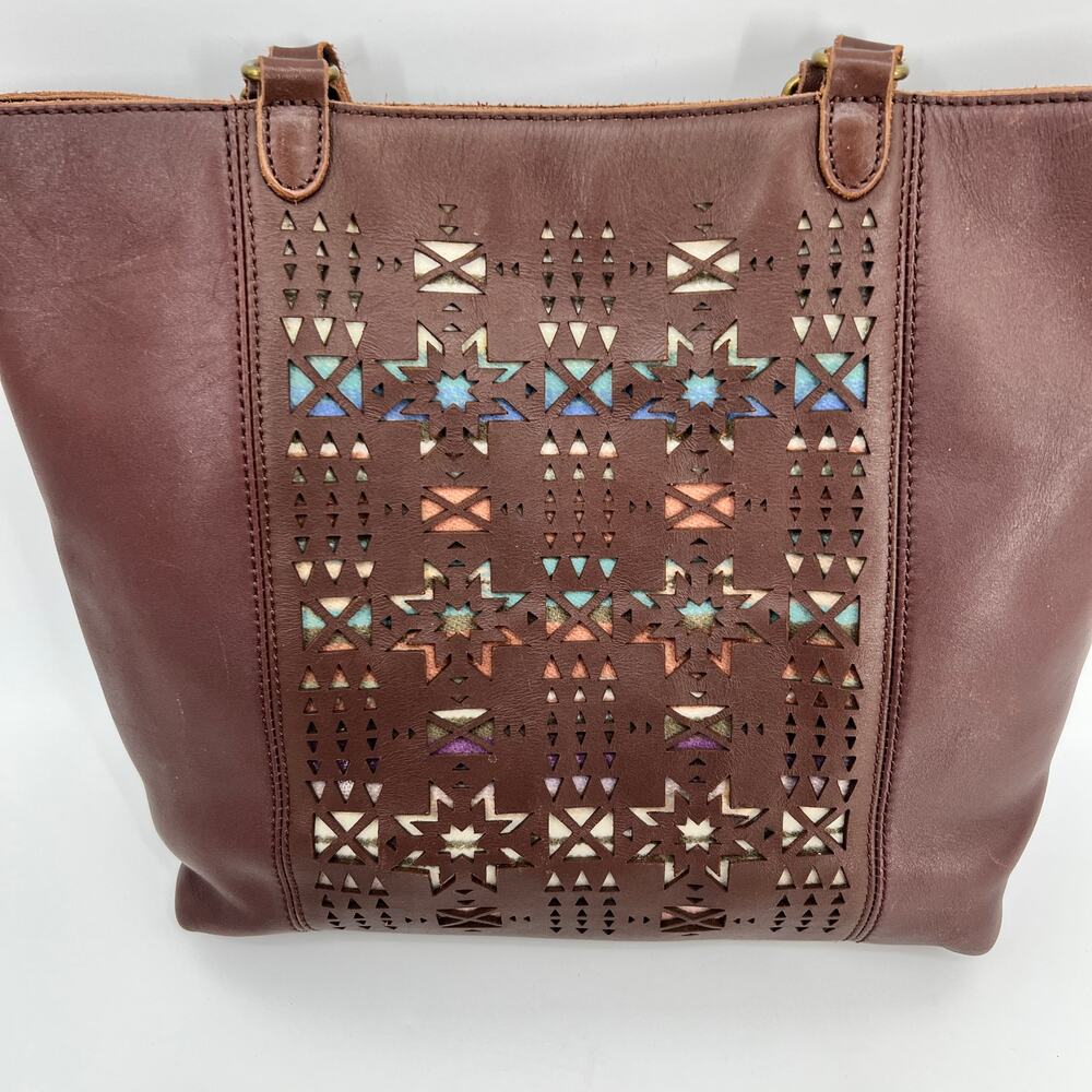 Pendleton Open Top Tote Bag Chocolate Brown Leather Laser Cut Wool Blanket Panel - Picture 13 of 13